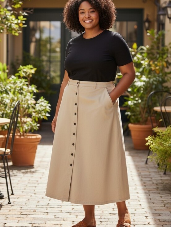 Woman Within Dresses & Skirts - Woman Within Plus Size 24W 100% Cotton Button Front Natural Khaki Denim Skirt
